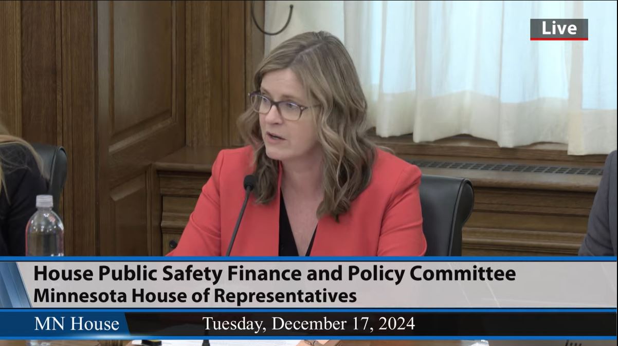 Rep. Kelly Moller (DFL-Shoreview), chair of the House Public Safety Finance and Policy Committee, opens the panel's Dec. 17 informational hearing. (House Public Information Services screenshot)